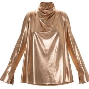 Julia Allert Blouse Metallic Gold Long Sleeve Cutout Shoulder XS P-Pit 18.5" NWT